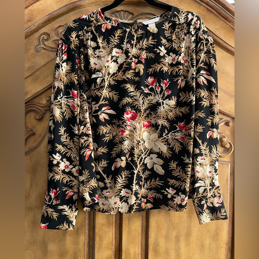 H&M Black and Cream Graphic Long Sleeve Blouse